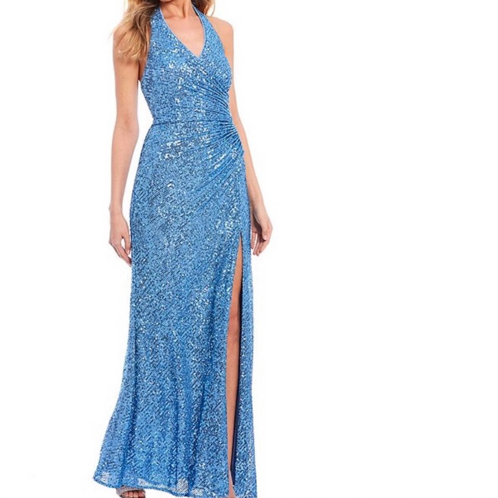 Morgan & Co.Halter Neck Side Slit Sequin Gown Dress Wedding Gala Evening Siz…